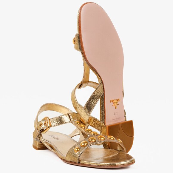 Prada Gold Metallic Studded Flat Sandals - Picture 4 of 10
